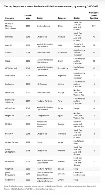 WIPO table of the top deep science patent holders in middle-income economies, 2010–2025